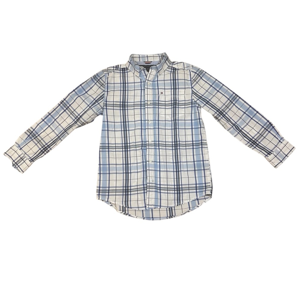 Tommy Hilfiger Boys Blue Plaid Button Down Shirt Size L 16-18